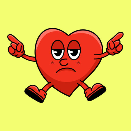 Sad Red Heart Cartoon Character With Pointing Finger. Vector Illustrationのイラスト素材