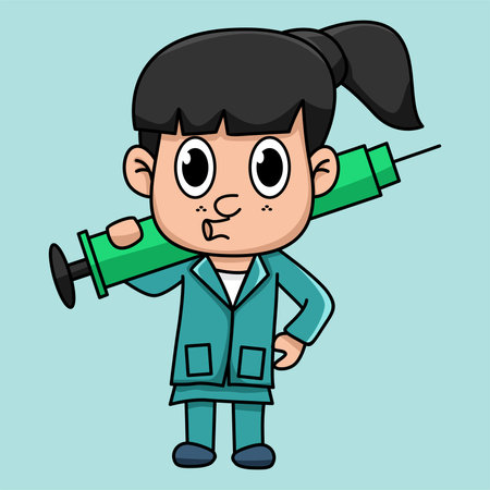 Cute Little Girl Holding a Syringe Cartoon Character Vector Illustrationのイラスト素材