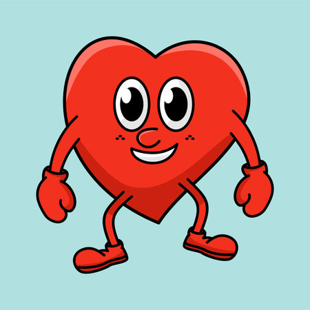 Cute cartoon red heart character with mittens isolated on blue backgroundのイラスト素材