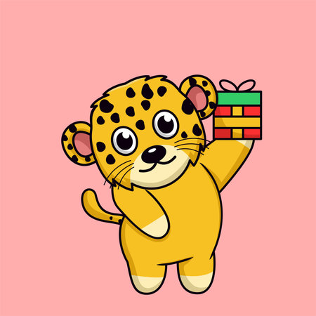 Cute cartoon leopard holding a gift box. Vector illustration.のイラスト素材
