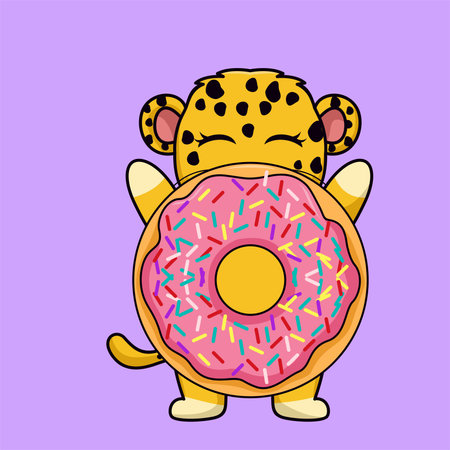 Cute cartoon leopard with a donut. Vector illustration.のイラスト素材