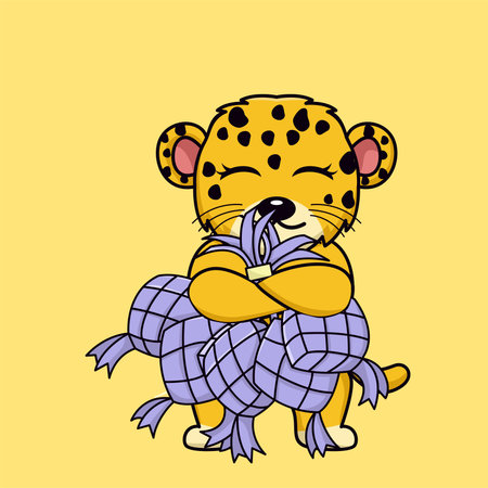 Funny cartoon leopard wrapped in a scarf. Vector illustration.のイラスト素材