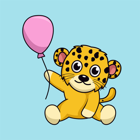 Cute cartoon leopard holding a pink balloon. Vector illustration.のイラスト素材