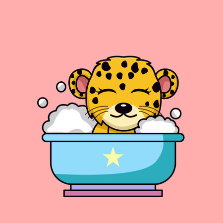 Cute cartoon leopard taking a bath in the bathtub. Vector illustration.のイラスト素材