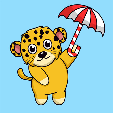 Cute cartoon leopard with umbrella and candy. Vector illustration.のイラスト素材