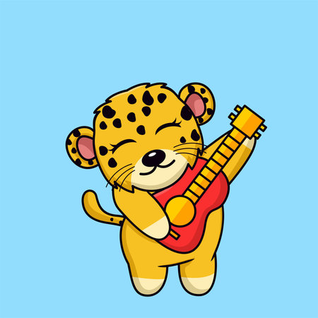 Cute cartoon leopard playing the ukulele. Vector illustration.のイラスト素材