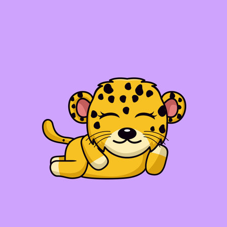 Cute cartoon leopard character. Vector illustration on purple background.のイラスト素材