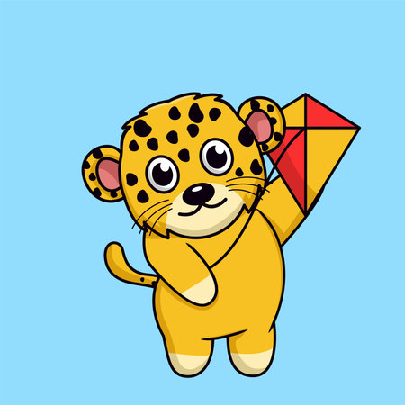 Cute cartoon leopard with a kite. Vector illustration.のイラスト素材