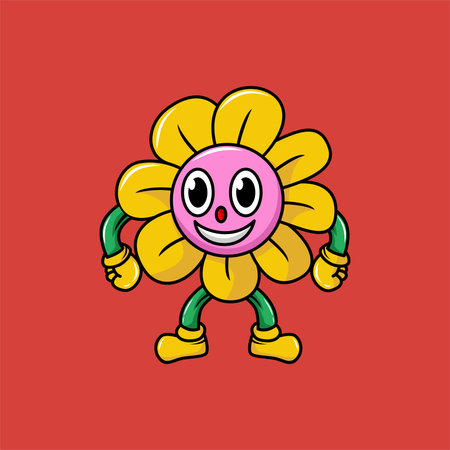 Cute cartoon flower character. Vector illustration. Isolated on red background.のイラスト素材