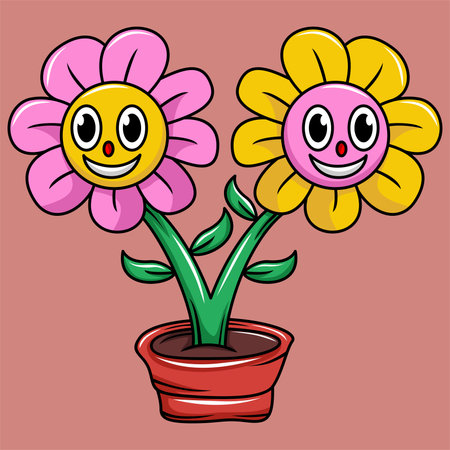 Illustration of flowers in a pot with smiley faces on a pink backgroundのイラスト素材