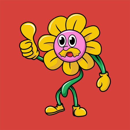 Cute cartoon flower character with thumbs up. Vector illustration on red background.のイラスト素材