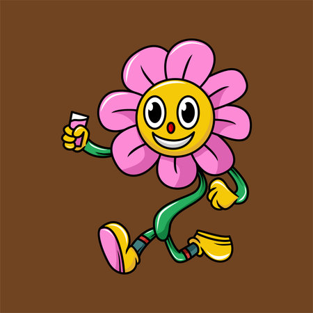 Cute cartoon flower character running and holding a glass of wine.のイラスト素材
