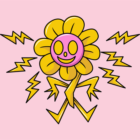 Smiling flower with lightning. Vector illustration in cartoon comic style.のイラスト素材