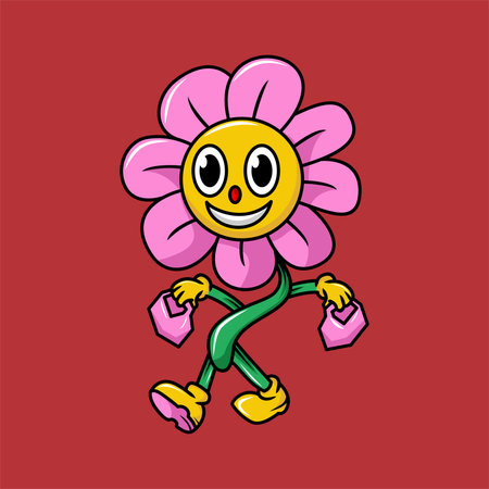 Cute cartoon flower character. Vector illustration isolated on red background.のイラスト素材