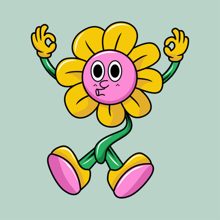 Funny flower cartoon character. Vector illustration. Cute flower.のイラスト素材