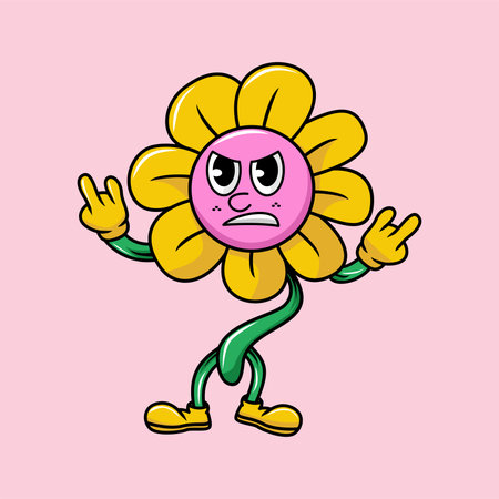 Cute flower cartoon mascot vector illustration. Isolated on pink background.のイラスト素材