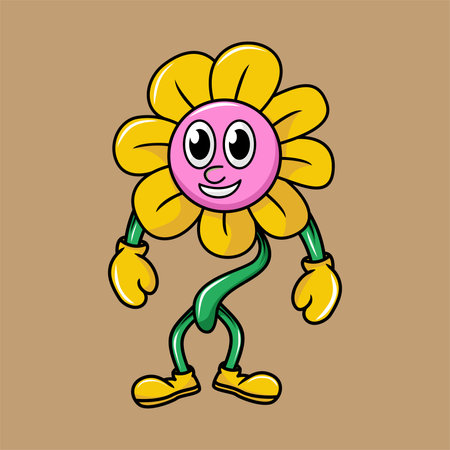 Cute cartoon flower character. Vector illustration isolated on brown background.のイラスト素材