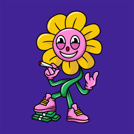 Smiling cartoon sunflower with a cigarette in his hand. Vector illustration.のイラスト素材