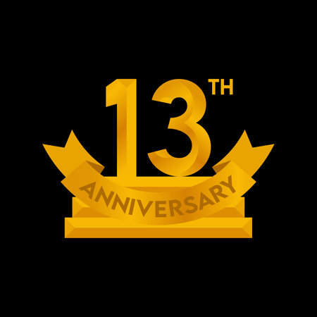 13th Years Anniversary Celebration Design Vector Template. Golden Number with Ribbonのイラスト素材