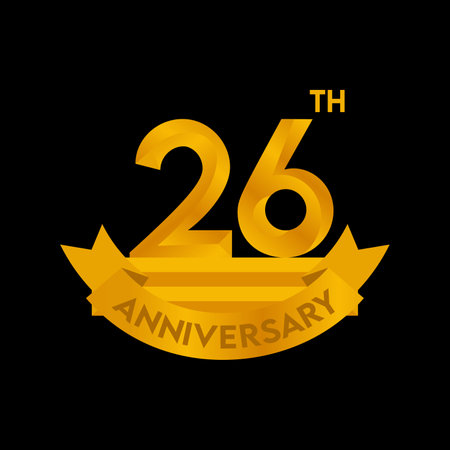 Anniversary logo with golden ribbon and number 26 on black background.のイラスト素材