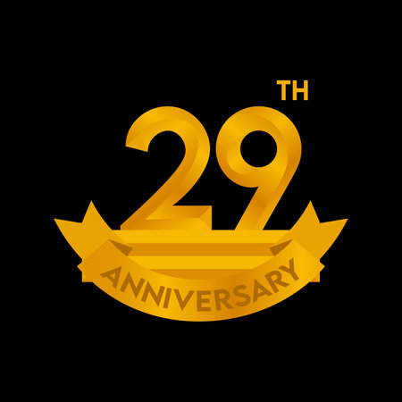 Anniversary logo with golden ribbon and number 29 on black background.のイラスト素材