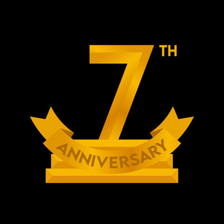 Anniversary logo number 7 with gold ribbon. Vector design template elements for your birthday party.のイラスト素材