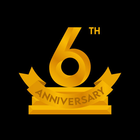 Anniversary celebration 6 years. Logo with gold ribbon. Vector illustrationのイラスト素材