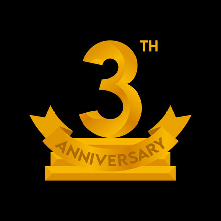Anniversary celebration 3 years logo with golden ribbon. Vector illustration.のイラスト素材