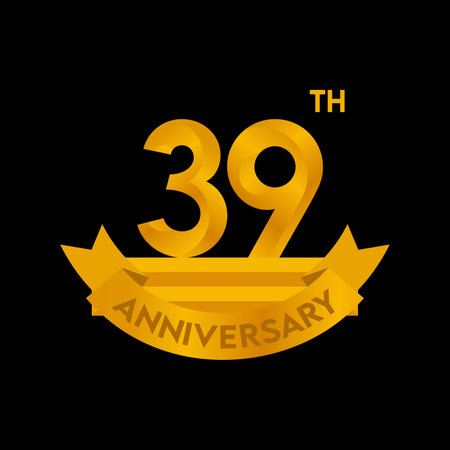 Anniversary logo with golden ribbon and number thirty-nine years.のイラスト素材
