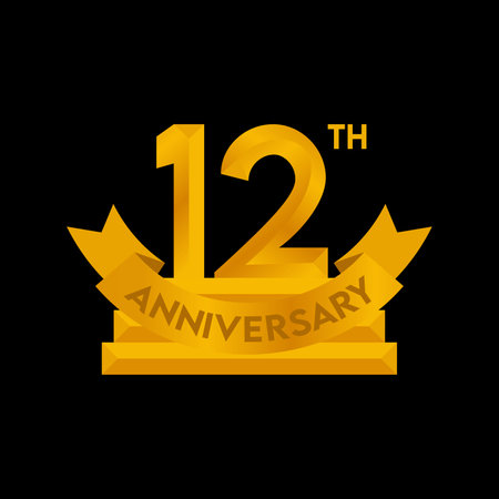 12 years anniversary celebration logotype. 12th anniversary logo with golden ribbon.のイラスト素材