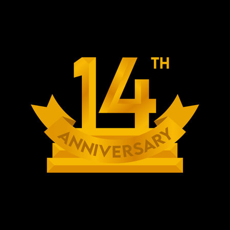 14 years anniversary celebration logotype. Anniversary logo with golden ribbon.のイラスト素材