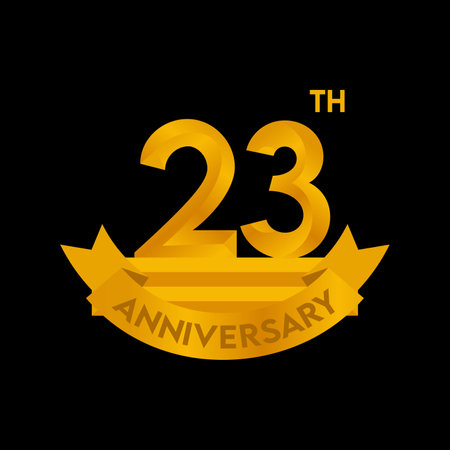 Anniversary logo with gold ribbon and number 23 on black background.のイラスト素材