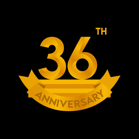 Anniversary logo with golden ribbon and number 36. Vector illustration.のイラスト素材