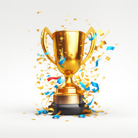 Golden trophy cup with confetti isolated on white background. 3d illustrationの素材
