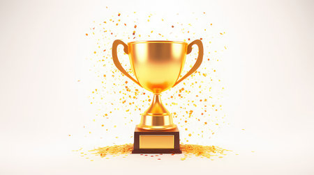3d rendering of golden trophy cup on white background with confettiの素材