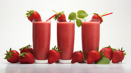 Strawberry smoothies in glasses with fresh strawberries on white backgroundの素材