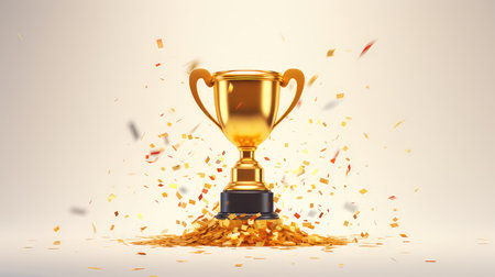Golden trophy cup with confetti on white background. 3D renderingの素材