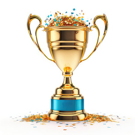 Trophy with confetti isolated on white background. 3d renderの素材