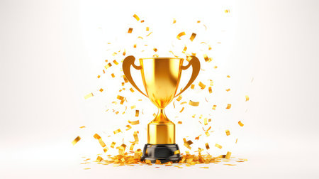 3d rendering of gold trophy cup with confetti on white backgroundの素材
