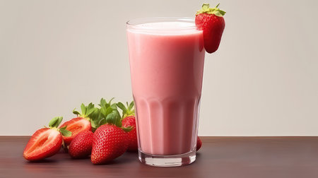 Strawberry milkshake in a glass with fresh strawberries.の素材