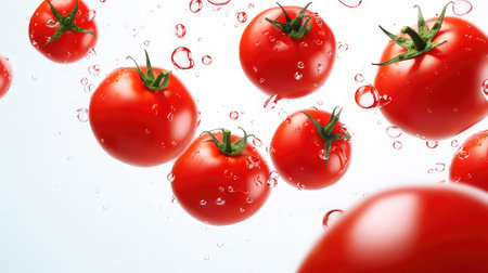 Fresh tomatoes with water drops isolated on white background. 3d illustrationの素材