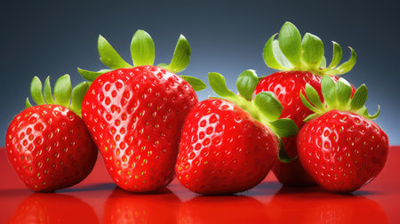 Strawberries with green leaves on a blue background. 3d illustrationの素材