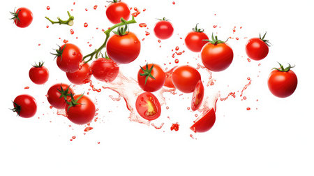 Fresh cherry tomatoes with splashes isolated on white background. 3d illustrationの素材