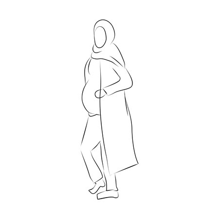 Pregnant woman in hijab. Outline drawing. Vector illustrationのイラスト素材