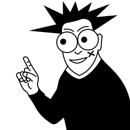 Funny cartoon man with glasses, black and white vector illustration.のイラスト素材