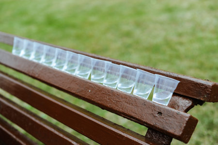 plastic glasses on a bench