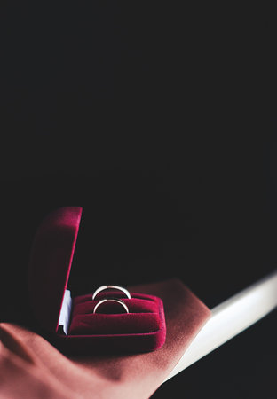 wedding rings in a gift box on a red cover