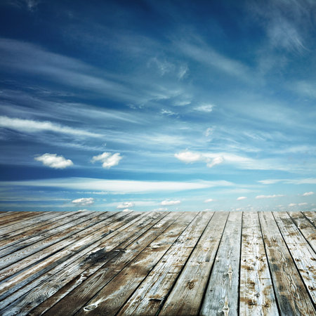 sunset sky and wood floor, backgroundの写真素材