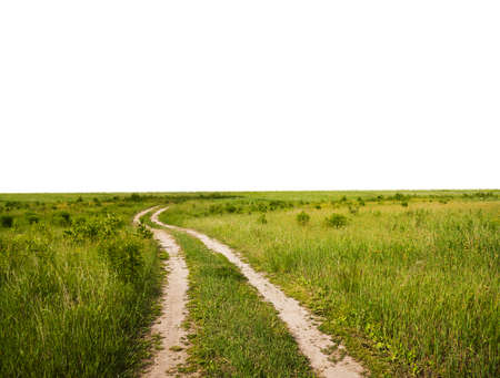 Country road through the fields isolated on white backgroundの写真素材