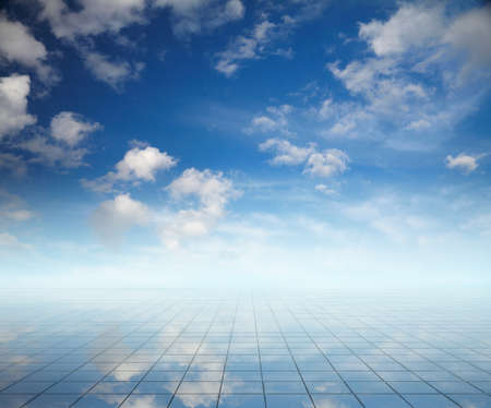 blue sky and mirror floor, cloudy background の写真素材